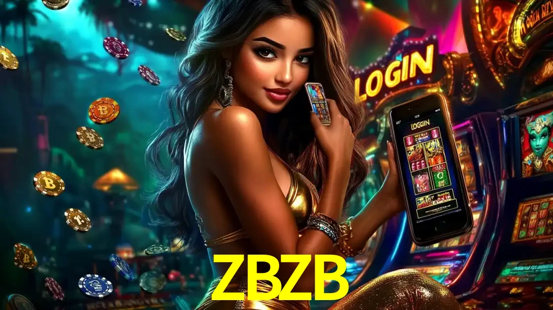 Mulher em um cenário de cassino temático de aventura, mostrando o app de caça-níqueis da ZBZB no celular. Fichas de apostas flutuam ao redor.