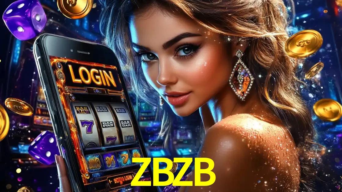 Mulher glamorosa segurando um smartphone com a tela de login para os jogos de caça-níqueis do cassino online ZBZB, com moedas de ouro e dados ao redor.
