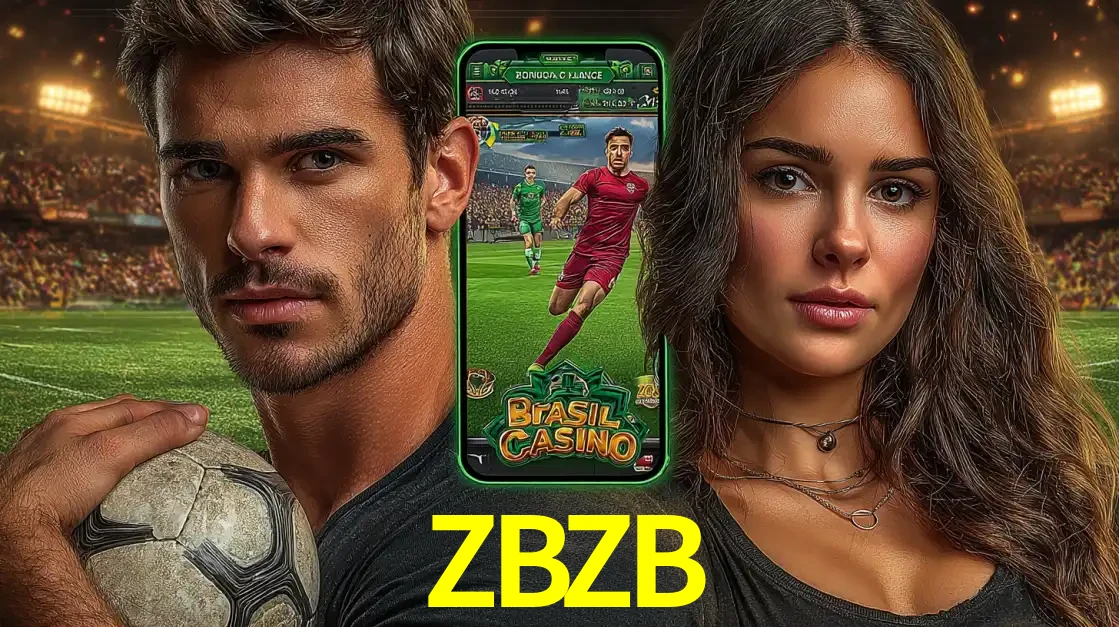 Homem segurando uma bola de futebol e uma mulher ao lado de um smartphone exibindo o jogo de apostas esportivas da ZBZB. Faça seu palpite no cassino online.